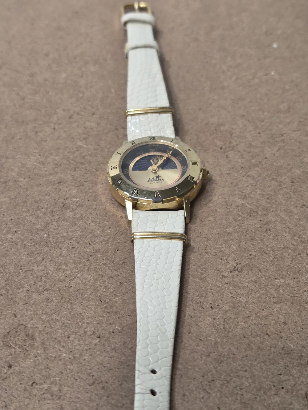 LA Express Gold-Tone Quartz Watch with White Strap and Blue Sun Dial